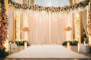 ein Hochzeit Zeremonie mit ein Weiß Teppich und Blumen. KI-generiert foto