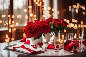 Valentinstag Tag Tabelle Rahmen mit rot Rosen und Champagner. KI-generiert foto