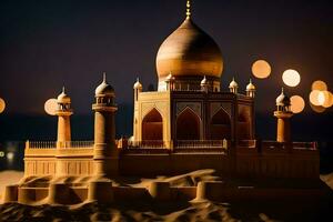 ein Sand Schloss ist zündete oben beim Nacht. KI-generiert foto