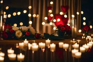 Kerzen und Rosen sind zündete im Vorderseite von ein Tisch. KI-generiert foto