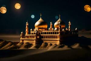 ein Modell- von ein Moschee im das Wüste beim Nacht. KI-generiert foto