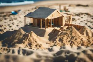 ein Miniatur Haus auf das Strand mit Sand. KI-generiert foto