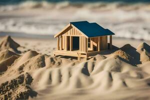ein klein hölzern Haus auf das Strand. KI-generiert foto