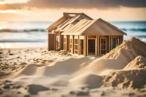 ein Modell- Haus sitzt auf das Strand beim Sonnenuntergang. KI-generiert foto