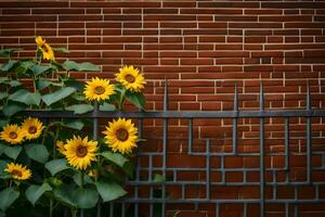 Sonnenblumen wachsend im Vorderseite von ein Backstein Mauer. KI-generiert foto