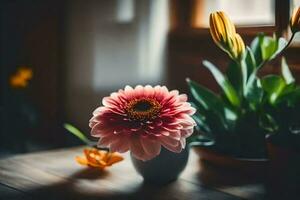 ein Blume ist Sitzung auf ein Tabelle in der Nähe von ein Fenster. KI-generiert foto