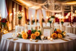 ein Hochzeit Rezeption Tabelle mit Kerzen und Blumen. KI-generiert foto