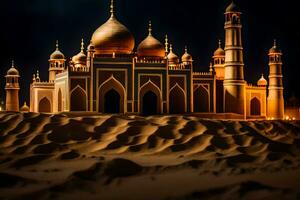 ein groß Moschee im das Wüste beim Nacht. KI-generiert foto