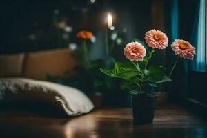 ein Blume im ein Topf auf ein Tabelle im Vorderseite von ein Fenster. KI-generiert foto