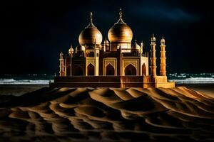 ein Sand Schloss ist zündete oben beim Nacht. KI-generiert foto