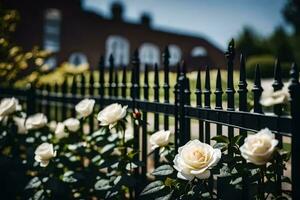 Weiß Rosen sind wachsend auf ein schwarz Zaun. KI-generiert foto