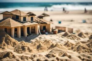 ein Miniatur Haus auf das Strand mit Sand. KI-generiert foto