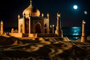 das taj Mahal ist zündete oben beim Nacht im das Wüste. KI-generiert foto