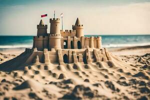 ein Sand Schloss auf das Strand mit Flaggen. KI-generiert foto