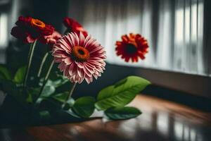Blumen im ein Vase auf ein Tisch. KI-generiert foto