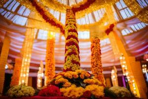 ein Hochzeit Zeremonie mit bunt Blumen und Dekorationen. KI-generiert foto
