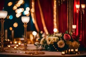 ein Tabelle mit Kerzen und Blumen auf Es. KI-generiert foto