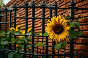 ein Sonnenblume ist wachsend im Vorderseite von ein Backstein Mauer. KI-generiert foto