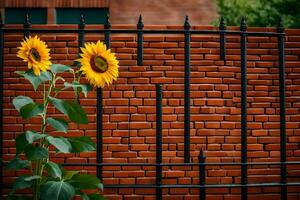 Sonnenblumen im Vorderseite von ein Backstein Mauer. KI-generiert foto