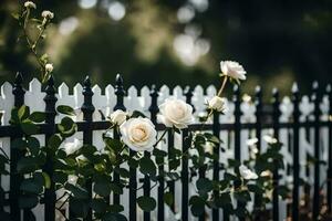 Weiß Rosen auf ein Zaun. KI-generiert foto