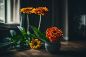 Orange Blumen im ein Vase auf ein Tisch. KI-generiert foto