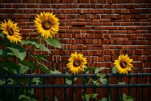 drei Sonnenblumen sind im Vorderseite von ein Backstein Mauer. KI-generiert foto