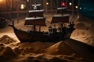 ein Pirat Schiff ist im das Sand beim Nacht. KI-generiert foto