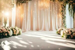 ein Hochzeit Zeremonie mit Blumen und ein Hintergrund. KI-generiert foto