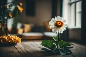 ein Blume sitzt auf ein hölzern Tabelle im Vorderseite von ein Fenster. KI-generiert foto