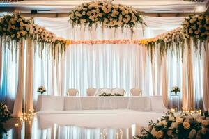 ein Hochzeit Zeremonie mit Weiß und Rosa Blumen. KI-generiert foto