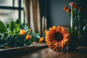 Orange Blume im ein Vase auf ein Tabelle in der Nähe von ein Fenster. KI-generiert foto