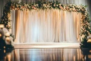 ein Hochzeit Zeremonie mit Blumen und Kerzen. KI-generiert foto