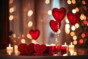 ein Tabelle mit rot Herzen und Kerzen. KI-generiert foto