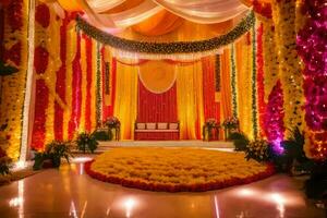 ein Hochzeit Bühne dekoriert mit Blumen und Girlanden. KI-generiert foto
