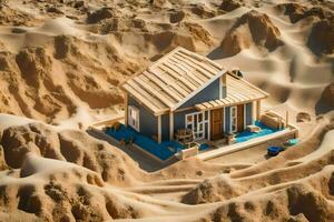 ein klein Haus ist Sitzung im das Sand. KI-generiert foto