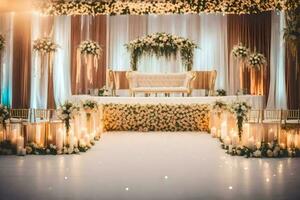 ein elegant Hochzeit Bühne mit Kerzen und Blumen. KI-generiert foto