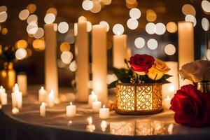 Kerzen und Rosen sind vereinbart worden auf ein Tisch. KI-generiert foto