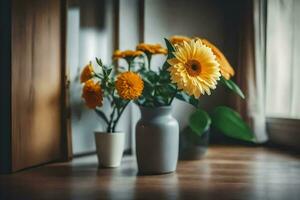 Gelb Blumen im ein Vase auf ein hölzern Tisch. KI-generiert foto