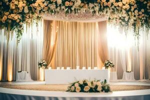 ein Hochzeit Zeremonie ist einstellen oben mit Blumen und ein groß Leuchter. KI-generiert foto