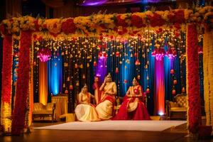 indisch Hochzeit Zeremonie mit bunt Dekorationen. KI-generiert foto