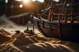 ein Miniatur Schiff ist Sitzung auf das Sand. KI-generiert foto