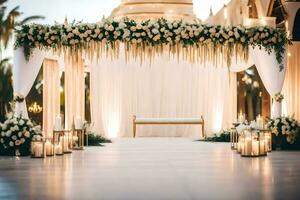 das Hochzeit Zeremonie war gehaltenen beim das großartig Ballsaal von das Hotel. KI-generiert foto