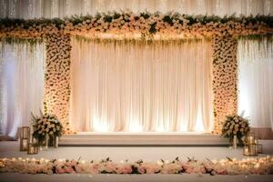 ein Hochzeit Bühne dekoriert mit Blumen und Kerzen. KI-generiert foto
