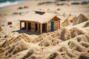 ein klein hölzern Haus sitzt im das Sand auf ein Strand. KI-generiert foto