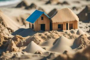 ein klein hölzern Haus sitzt auf oben von Sand. KI-generiert foto