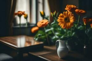 Orange Blumen im ein Vase auf ein Tisch. KI-generiert foto