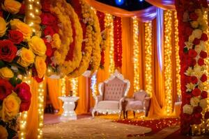 ein Hochzeit Bühne dekoriert mit Gelb und rot Blumen. KI-generiert foto