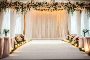 ein Hochzeit Zeremonie mit ein lange Gang und Blumen. KI-generiert foto