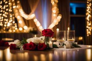 rot Rosen und Kerzen auf ein Tabelle mit Beleuchtung. KI-generiert foto