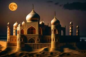 das Mond ist leuchtenden Über ein Sand Düne mit ein taj Mahal im das Hintergrund. KI-generiert foto